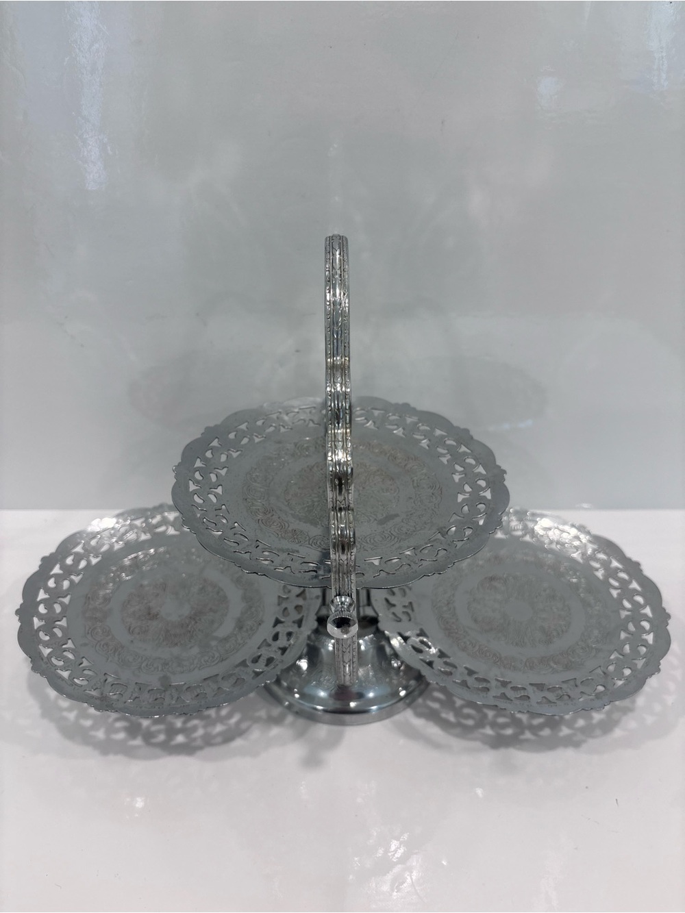 Vintage silver plated 3 tier folding tidbit serving tray dessert tray floral